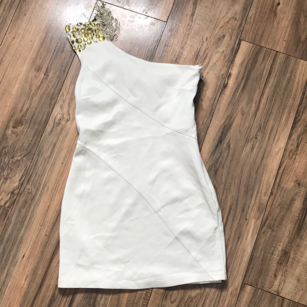 BEBE white one shoulder yellow gems mini dress size XS